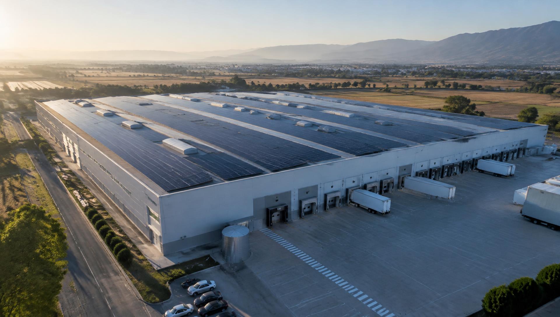 Vista aerea di un capannone industriale con copertura fotovoltaica